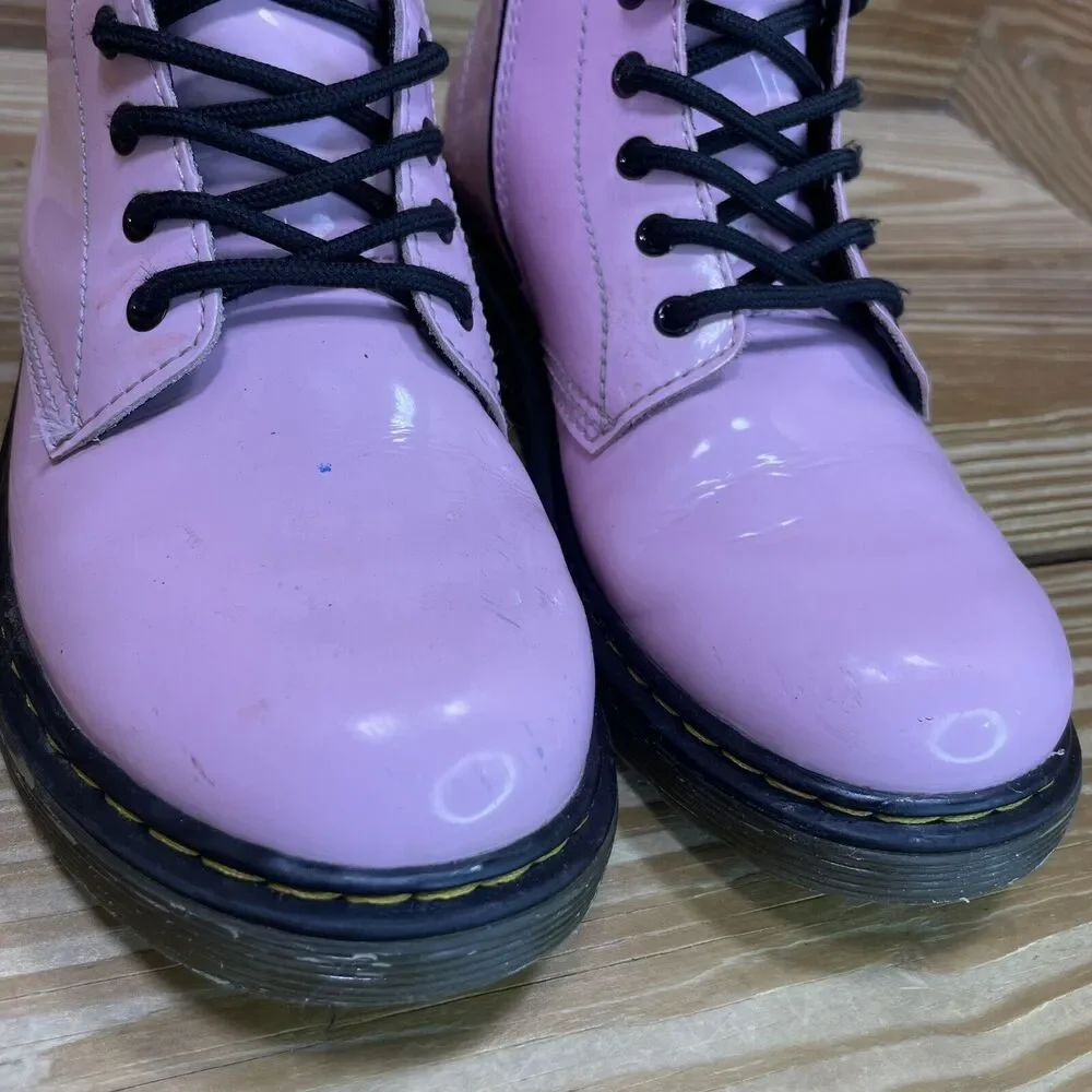 Dr. Martens Pink Patent Kids Lace-Up Boots with Black Trim